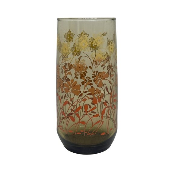 VTG 1970 Smoked Amber Floral Tumbler | MCM Flower Print Glass 6" Retro Drinkware - Picture 1 of 6